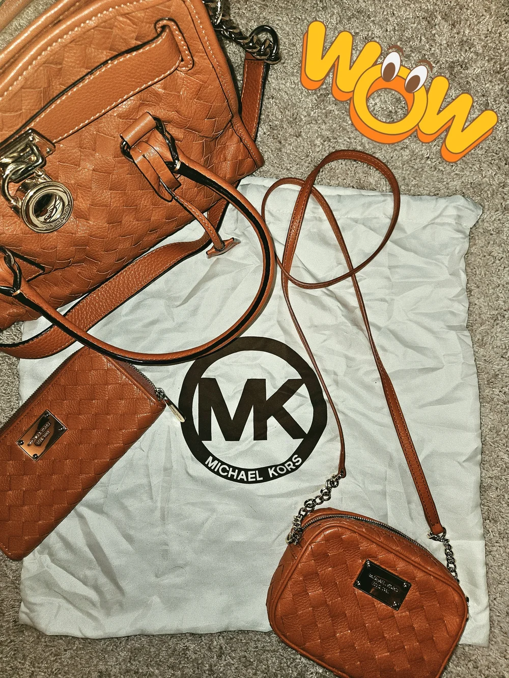 Michael Kors Hamilton Set, Burnt Orange Woven Leather Satchel/Crossbody/Coin Pur